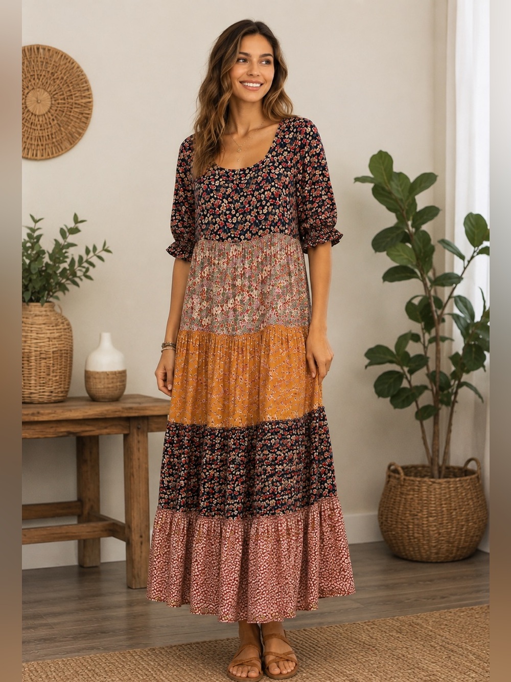 NWOT Natural Life ColletteTiered Maxi Dress in Mixed Black Floral Boho Mustard